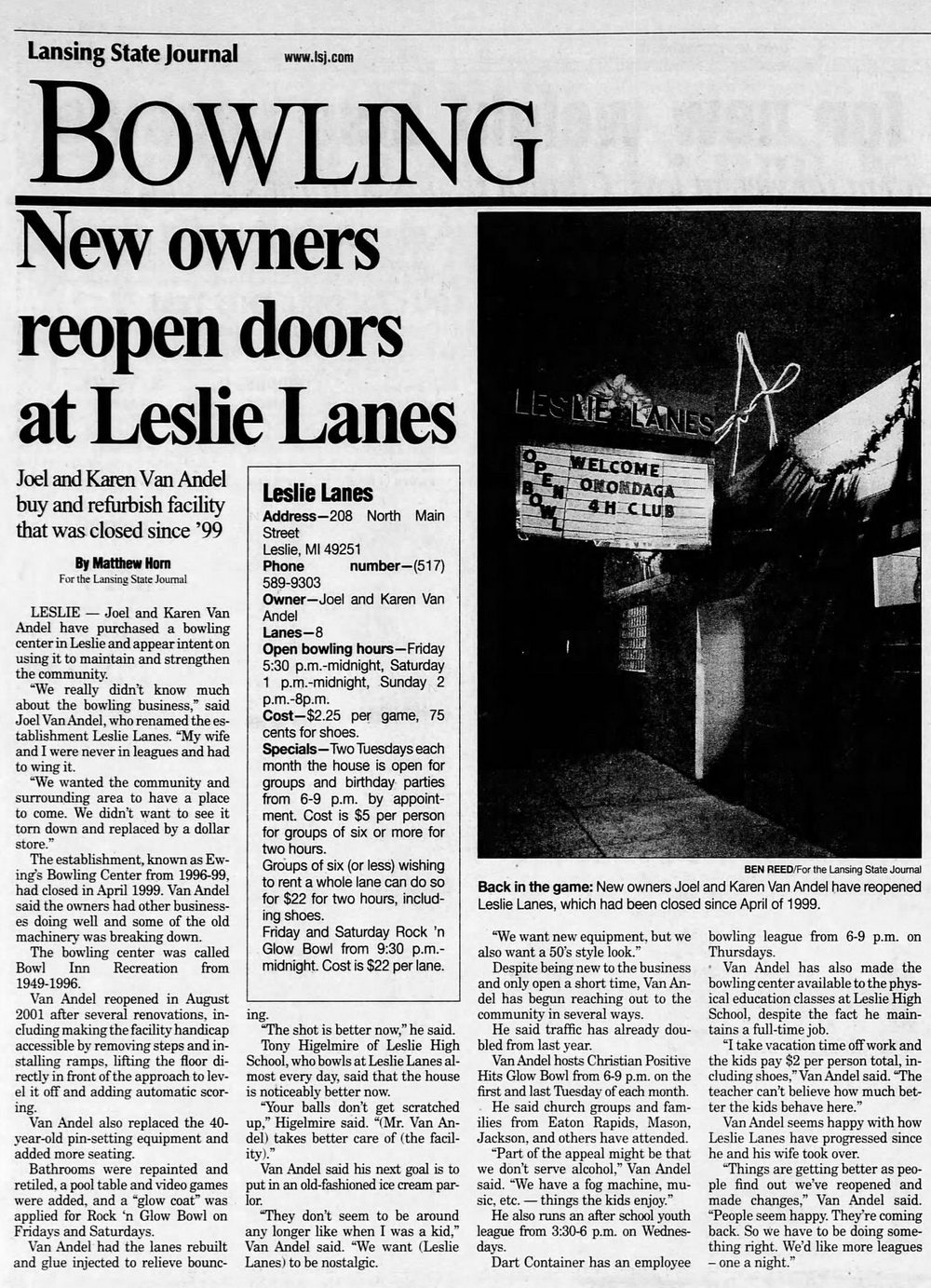 Leslie Lanes - Jan 2002 Article On Re-Opening (newer photo)